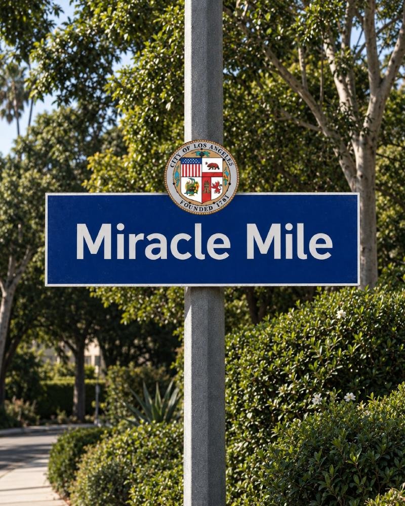 Miracle Mile neighborhood street sign in Los Angeles